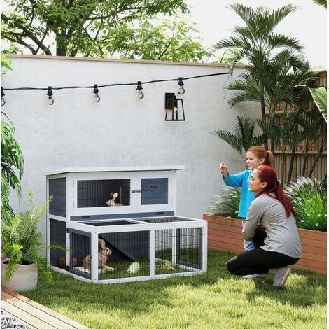 Clapier lapin 122x95x93,5 cm en bois gris, gain de place, pour extérieur FloraGrace (1/5)