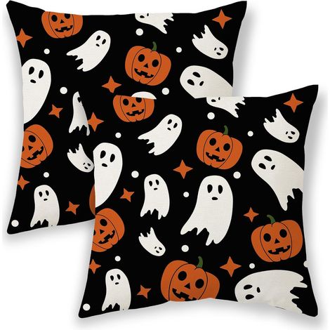 CCYKXA Halloween-Kissenbezüge, 45,7 x 45,7 cm, 2er-Set, gruseliges schwarzes Geistermuster, dekorative Leinen-Kissenbezüge für die Couch, gebrannter orangefarbener Kürbis, Herbst, Outdoor
