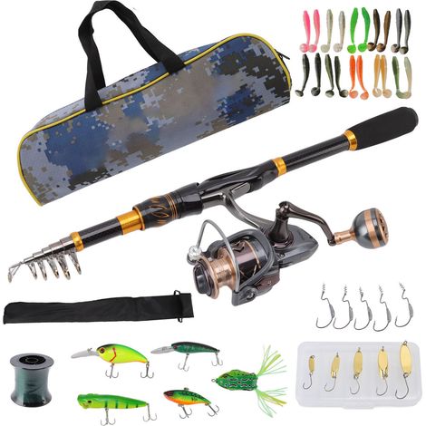 Ensemble canne à pêche et moulinet de 2,1 m en carbone, comprenant canne, moulinet spinning, ligne, leurres, hameçons et sac de transport. (1/5)