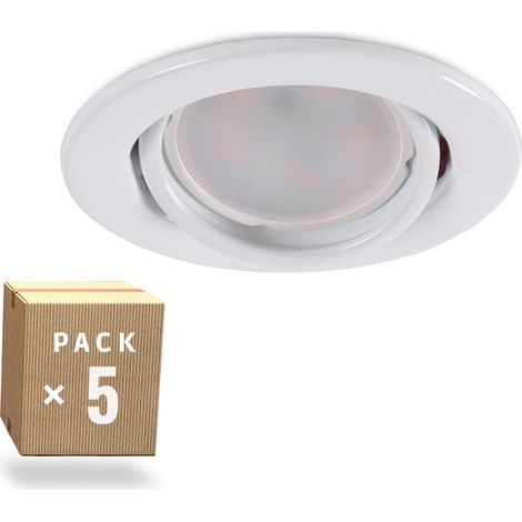 Pack de 5 ampoules LED GU10 6W 700Lm 6000ºK 40.000H - Anneau de downlight rond inclinable  Vepa  acier 90mm - Blanc (1/5)
