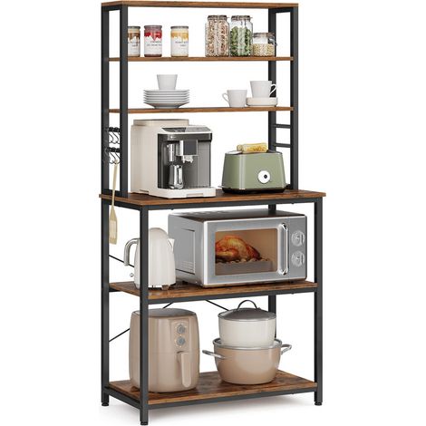 Industrial Kitchen Baker’s Rack, Coffee Bar Storage Rack with 6 Shelves, 6 Hooks & Steel Frame, Microwave Stand (1/5)