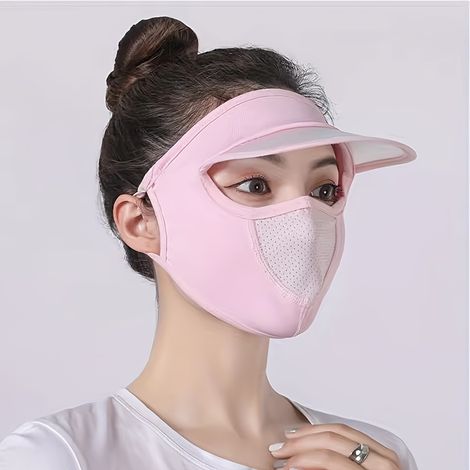 Masque facial avec visière pour femmes, tissu en fibre de soie glacée pour l'été, voile solaire fin et respirant, couverture faciale complète lavable, toutes saisons, rose (1/5)