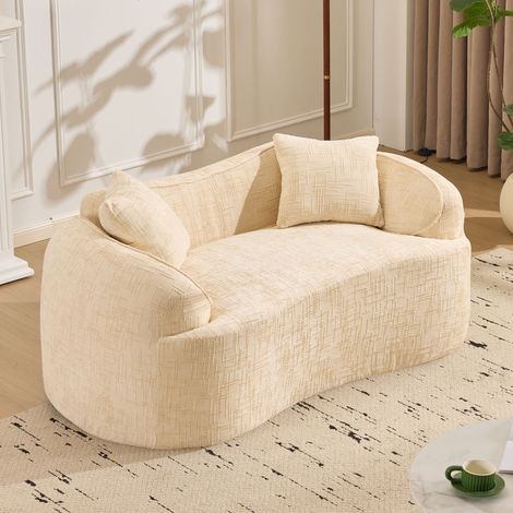 Divano a 2 posti, divano curvo con braccioli, 2 cuscini, adatto per soggiorno e camera da letto, piccolo spazio, tessuto ciniglia, beige