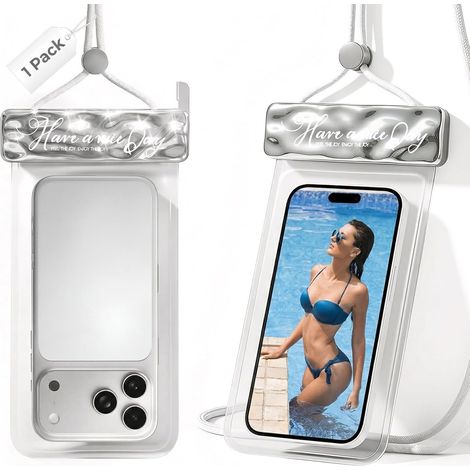 Pochette téléphone waterproof argent blanc motif vague, étui étanche écran tactile pour smartphone jusqu'à 7,2 pouces voyage piscine (1/5)