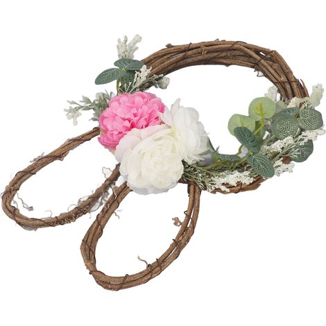 Couronne lapin Pâques en rotin guirlande florale artificielle printemps panneau déco suspendu porte avec bandeau LED pour maison (1/5)