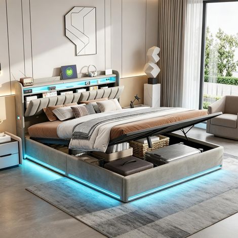 FOERPL-Polsterbett 160 x 200 cm mit Lattenrost, Bett 160 x 200 cm mit Stauraum, LED-Beleuchtung und USB-Anschlüssen, Doppelbett 160 x 200 cm mit Kopfteil und mit Lattenrost Polsterbetten