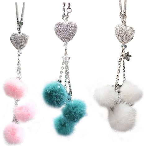 Accessoires de rétroviseur de voiture étincelants, cœur d'amour et boule en peluche rose, strass, cristal pour miroir rétroviseur (1/5)