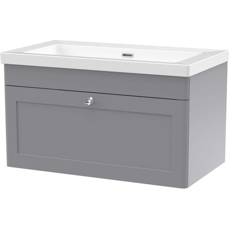 Swynnerton Traditional 1 Drawer Wall Hung Vanity Unit with Fireclay Basin, Satin Grey, 800mm