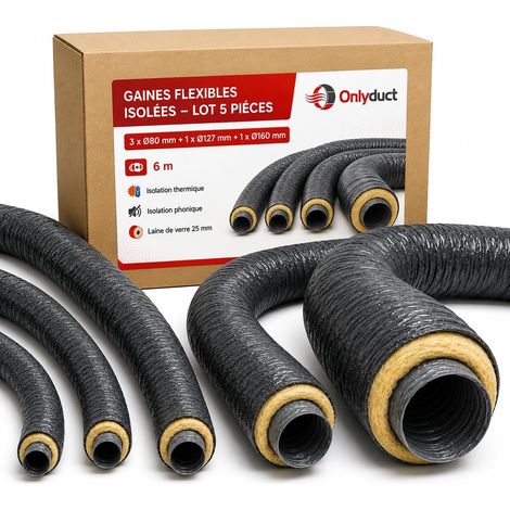 Kit Gaine VMC Isolée Maison Complète - 3x 80mm + 1x 127mm + 1x 160mm 6m - Laine de Verre 25mm - PVC Sans Phtalate - Conduit Flexible Ventilation Qualité Européenne