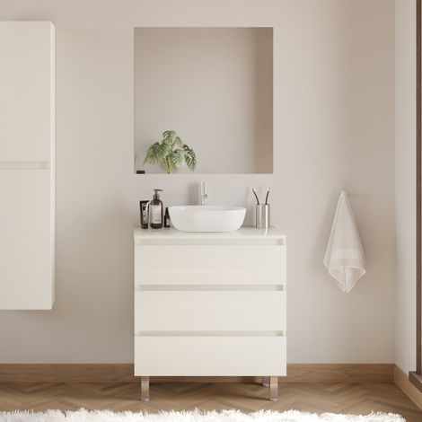 Meuble de salle de bain 60cm avec plateau et vasque à poser arrondie - 3 tiroirs - blanc brillant - MAYOR