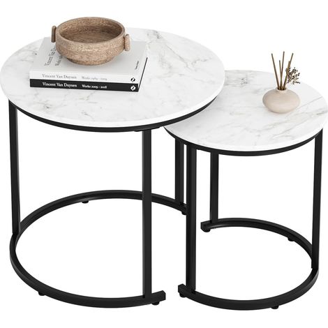 Lot de 2 tables basses rondes en métal noir pour table de canapé, salon, chambre à coucher, aspect marbre noir avec pieds dorés (1/5)