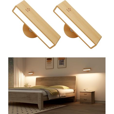 Set aus zwei batteriebetriebenen Wandleuchten, wiederaufladbare Wandleuchten für Schlafzimmer, geeignet für die Verwendung neben dem Bett (Buchenholz).
