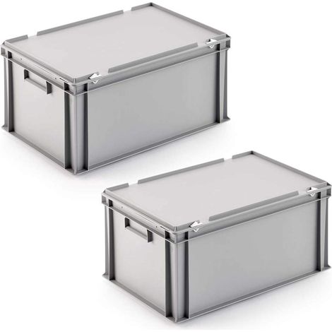 BRB Lot de 2 boîtes Euro avec couvercle à charnière - Dimensions : 600 x 400 x 290 mm - En polypropylène - Qualité alimentaire - Gris