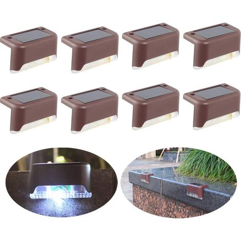 Lot de 8 lampes solaires LED étanches pour clôture, jardin, cour, terrasse, allée, escalier (marron, lumière blanche) (1/5)