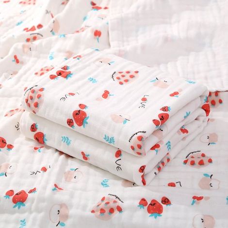 Couverture d'emmaillotage en pur coton, ultra-douce, absorbante et respirante, idéale pour la peau sensible des nouveau-nés, motif Petite Fraise, 110 x 110 cm (1/5)