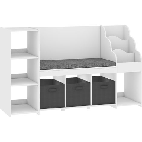 Scaffale Portagiochi per Bambini 3-8 Anni 137x40x80 cm con Libreria a 3 Livelli e Panca con Cuscino in MDF e Tessuto Bianco (1/5)