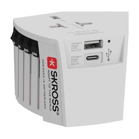 Adaptador de viaje innovador de 2 polos con cargador usb dual integrado 1x usb c y 1 x usb