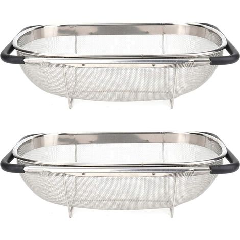 Lot de 2 passoires ovales à mailles fines en acier inoxydable de poignées extensibles en caoutchouc pour égoutter, égoutter, rincer les fruits, les légumes (1/5)