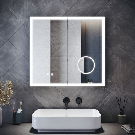 SONNI Badspiegel Spiegelschrank mit LED Beleuchtung Vergrößerungsspiegel, 3 Einstellbare Lichtfarben und Anti-Beschlag, Doppeltürig 650x600mm