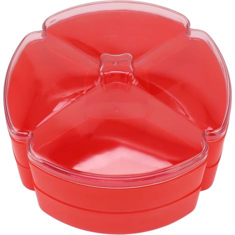 Plateau de service compartimenté en plastique à double compartiment, avec couvercle, rouge, idéal pour les noix, les bonbons et les fruits secs.