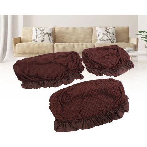 【Sofaüberzüge】3-teiliges Set mit Fransen-Sofaüberzügen und elastischem Saum, Polyester-Polyurethan, für 1-, 2- und 3-Sitzer-Sofas, dunkelbraun (1/5)