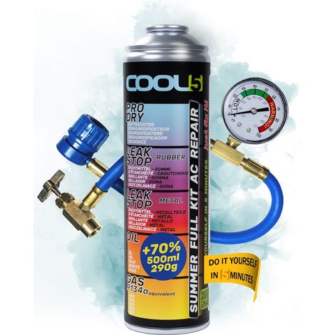 COOL5 5 en 1 - Kit de reparaci贸n de aire acondicionado, reemplazo de refrigerante R134a para recarga de aire acondicionado para autom贸viles 1995-2016 + Manguera de presi贸n con man贸metro + APC 500 ml