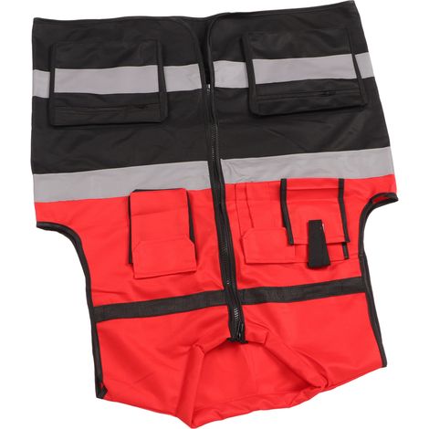 Gilet de sécurité rouge et noir à col rond, multiples poches, haute visibilité pour chantier et transport (1/5)