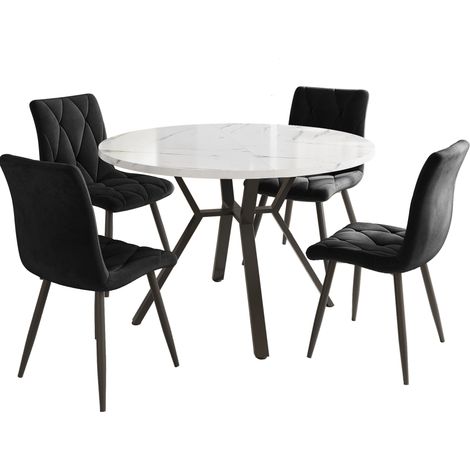 Set tavolo da pranzo 5 pezzi: tavolo rotondo in MDF effetto marmo e 4 sedie nere (1/5)