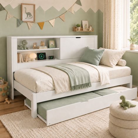 Canapé convertible 1 place 90x200 avec tiroir gigogne 90x190, structure blanche à dossier rangement, casier ouvert, compartiment secret rabattable, port USB-C, sommier lattes, sans matelas (1/5)