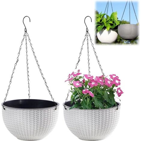 Ensemble de 2 Pots de Fleurs Suspendus avec chaîne en Acier Inoxydable, Pots de Fleurs Suspendus pour Balcon intérieur et extérieur et Pots de Fleurs Suspendus(Calibre 21cm,Blanc)