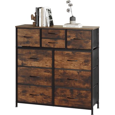 WOLTU Cómoda con 10 cajones, Cómoda de Tela, Estructura de Metal, Madera contrachapada E1, Marrón Vintage y Negro