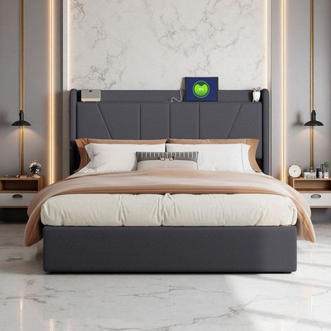 Cama Doble 160x200cm - Cama Cofre Hidráulica - Tela Lino Gris - 2 Puertos USB - Diseño Contemporáneo