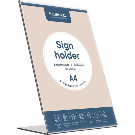 EUROPEL Tischaufsteller, L-Standard, A4-Format, Hochformat, Dokumentenhalter, Menü- und Flyerhalter, transparentes Acrylglas, für Restaurants, Hotels, Konferenzen und Empfänge, freistehend (1/5)