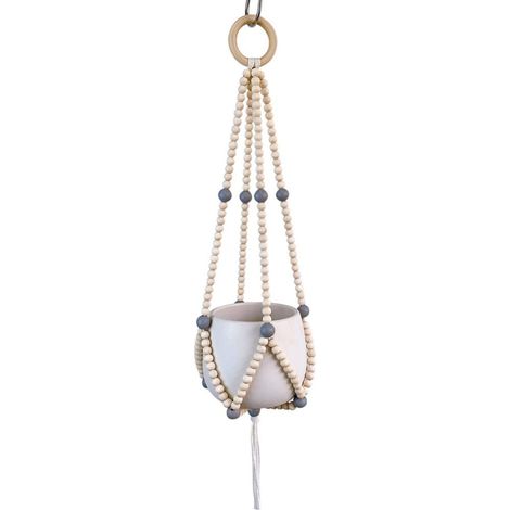 Support Pour Plantes - Suspension En Coton Naturel Avec Perles En Bois - Pour Intérieur Et Extérieur - Hauteur 62 Cm - 1 Pièce (1/3)