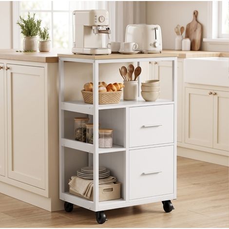 Desserte de cuisine à roulettes, 2 tiroirs, rangement ouvert, 4 roues pivotantes dont 2 avec frein, panneau de particules blanc, 53 x 37 x 89 cm, compacte – CHICFURN (1/5)