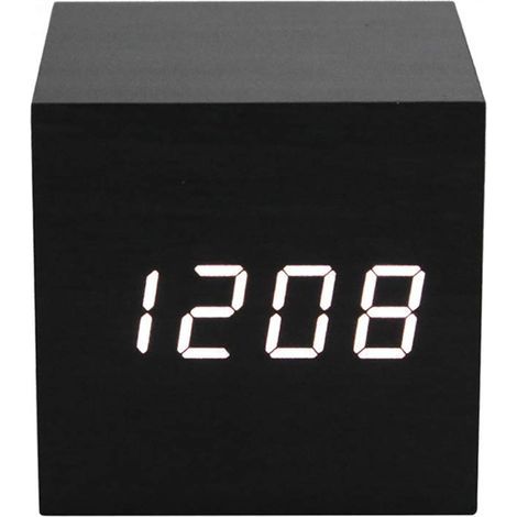 Réveil LED numérique en Bois Cube avec Affichage Heure, Date Et Température (USB/Piles) AC10 Noir Blanc (1/4)