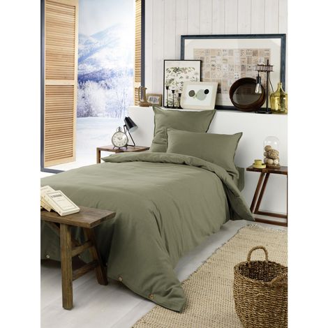Housse de couette flanelle 140 x 200 cm candice romarin Kaki (1/4)