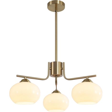 Lustre en verre de lait à 3 lumières - Lustre doré en laiton brossé (1/5)