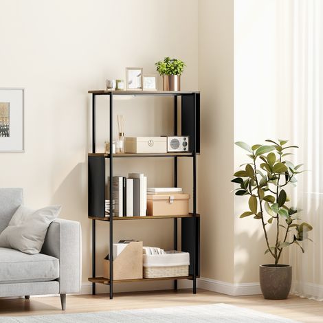 4-stufiges Regal, freistehendes Regal mit geschwungenem Design, industrielles Bücherregal, braune Holzoptik