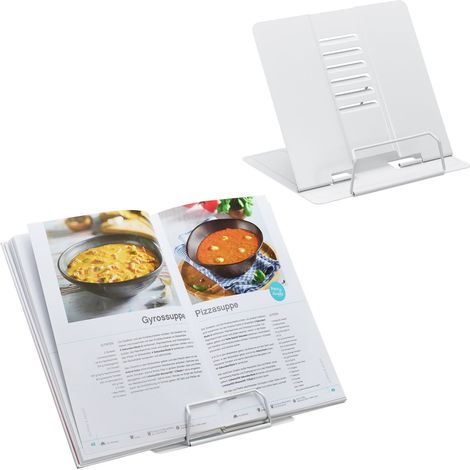 Relaxdays Buchständer, 2er Set, Leseständer 6-fach höhenverstellbar, Kochbuchhalter mit Klemme, Küche, Stahl, weiß (1/5)