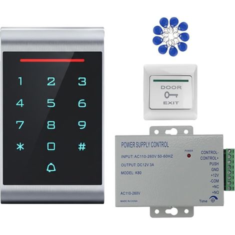 Kit de contrôle d’accès RFID Double fréquence (ID + IC/NFC) avec Clavier rétroéclairé étanche IP68, Alimentation DC 12V 3A, Bouton de Sortie et 10 Badges 125 kHz (1/5)