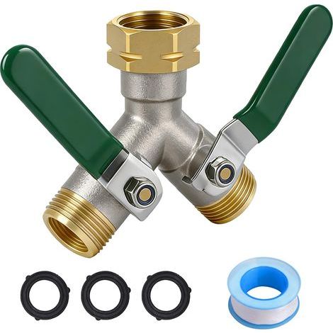 3/4-Zoll-Y-förmiger 2-Wege-Wasserverteiler, Gartenschlauchverteiler mit grünem Metallgriff, Messingspender mit 3 Dichtungen und 1 Dichtungsstreifen für Garten- und Küchenarmaturen (1/5)