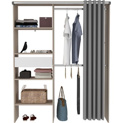 Concept-Usine – Dressing bois acacia et blanc avec rideau – 4 étagères, 2 penderies, 1 tiroir – Dimensions 182 x 143 x 48 cm – Montage facile (1/4)