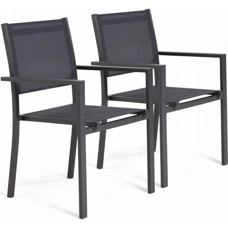 Oviala – Lot de 2 fauteuils de jardin empilables – Aluminium et textilène gris – Résistants aux UV et à la pluie – 90 cm hauteur x 55 cm largeur