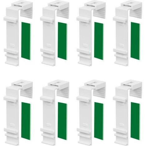 Set mit 8 langen Klemmhalterungen für Klemmfix-Doppelrollos, zur Befestigung und Verklebung ohne Bohren, als Zubehör oder Ersatzteil für die Montage an PVC-Fenstern und Balkontüren.
