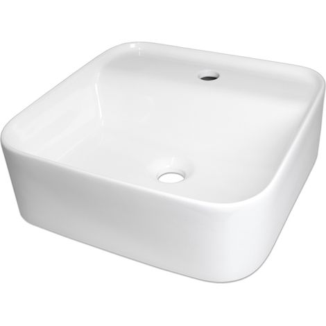 Hängewaschbecken weiß eckig aus Keramik mit Armaturenbank (1/5)