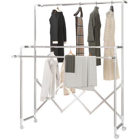Étendoir à linge pliable à 3 barres réglables, tour séchage en acier inoxydable sur roulettes, compact pour petit espace, intérieur et extérieur CHICFURN (1/5)