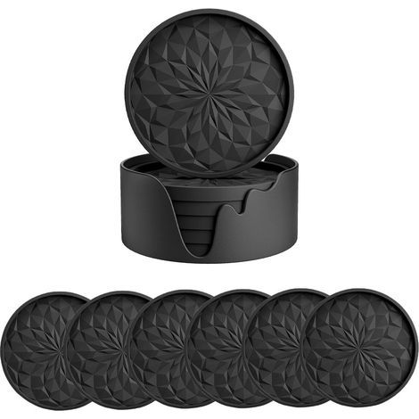 Dessous de verre en silicone avec support, lot de 6, dessous de verre pour boissons chaudes ou froides, épais, antidérapants, antiadhésifs, plateau profond, noir (1/5)