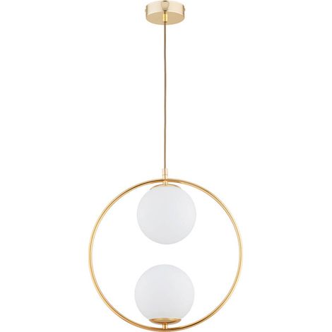Alfa AVIA Modern Gold Brass Vertical Ring Pendant Light with 2 Opal White Glass Globe Shades, 2xE14 10W, Dimmable, IP20, 85cm Hanging Lamp for Living Room Dining