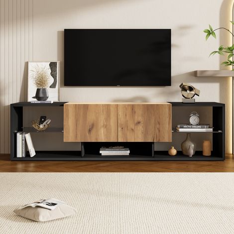Meuble TV 3 niveaux 160 x 40 x 42 cm avec LED, 2 tiroirs et plateau en verre, noir et bois (1/5)